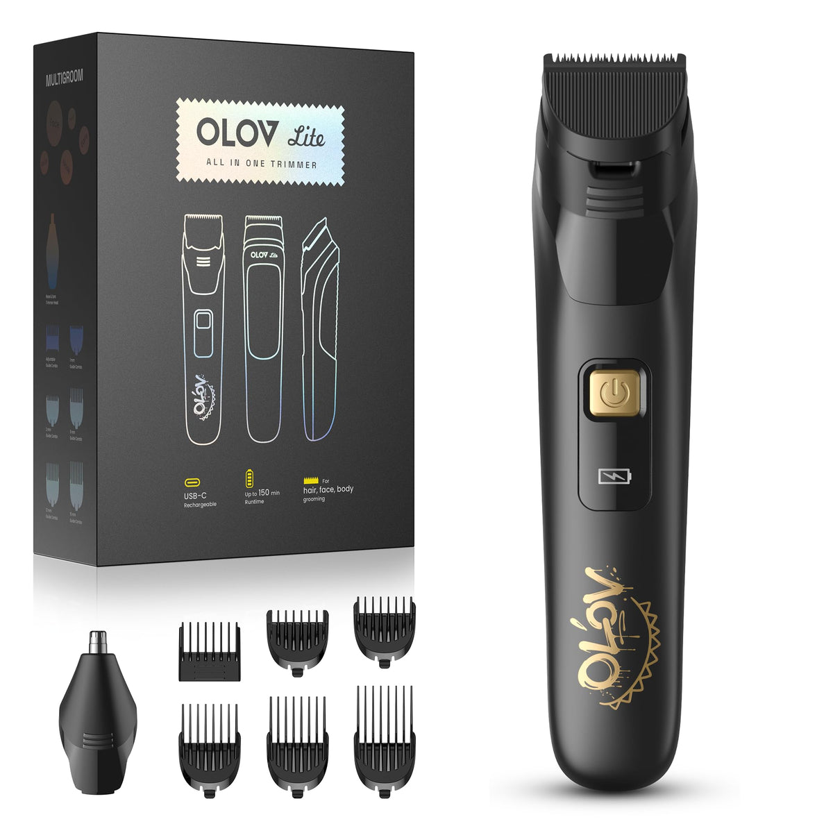 OLOV LITE beard trimmer with six guide combs for precise shaping.