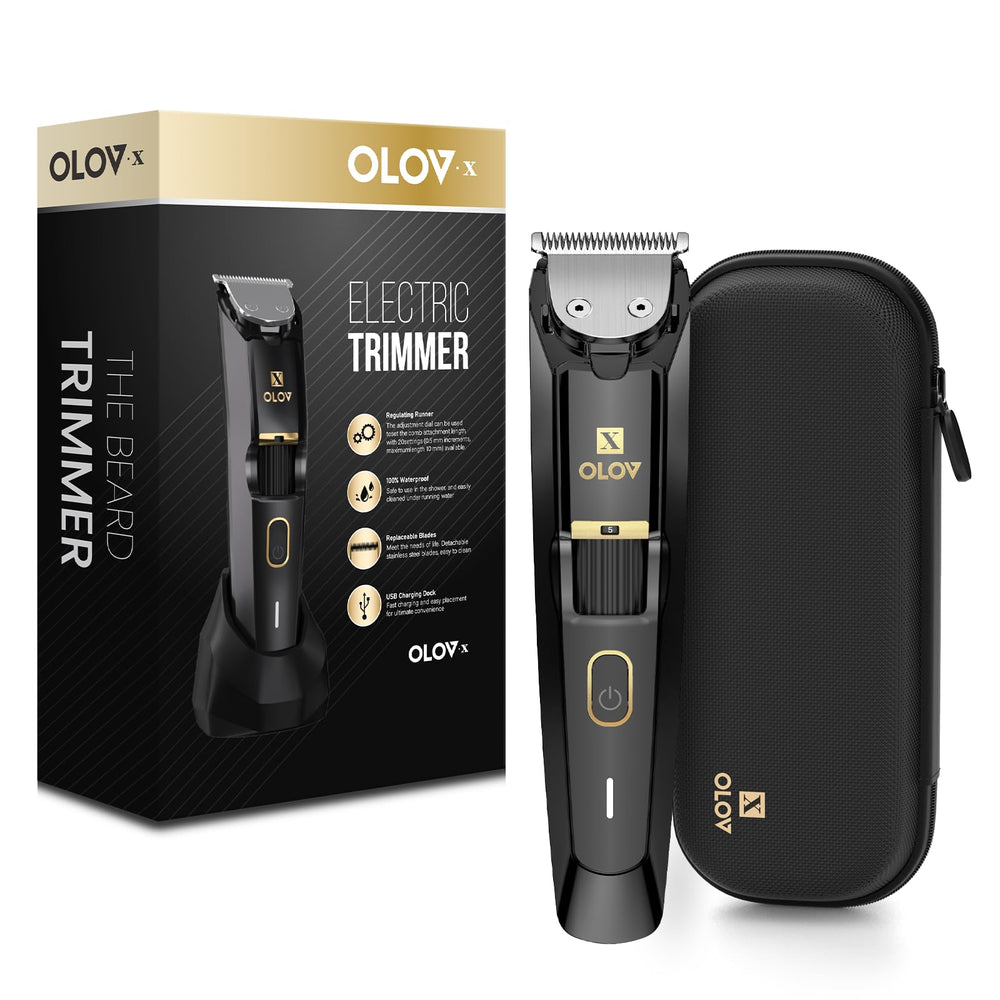 OLOV X men's beard trimmer close-up shows precision dial for exact length control.