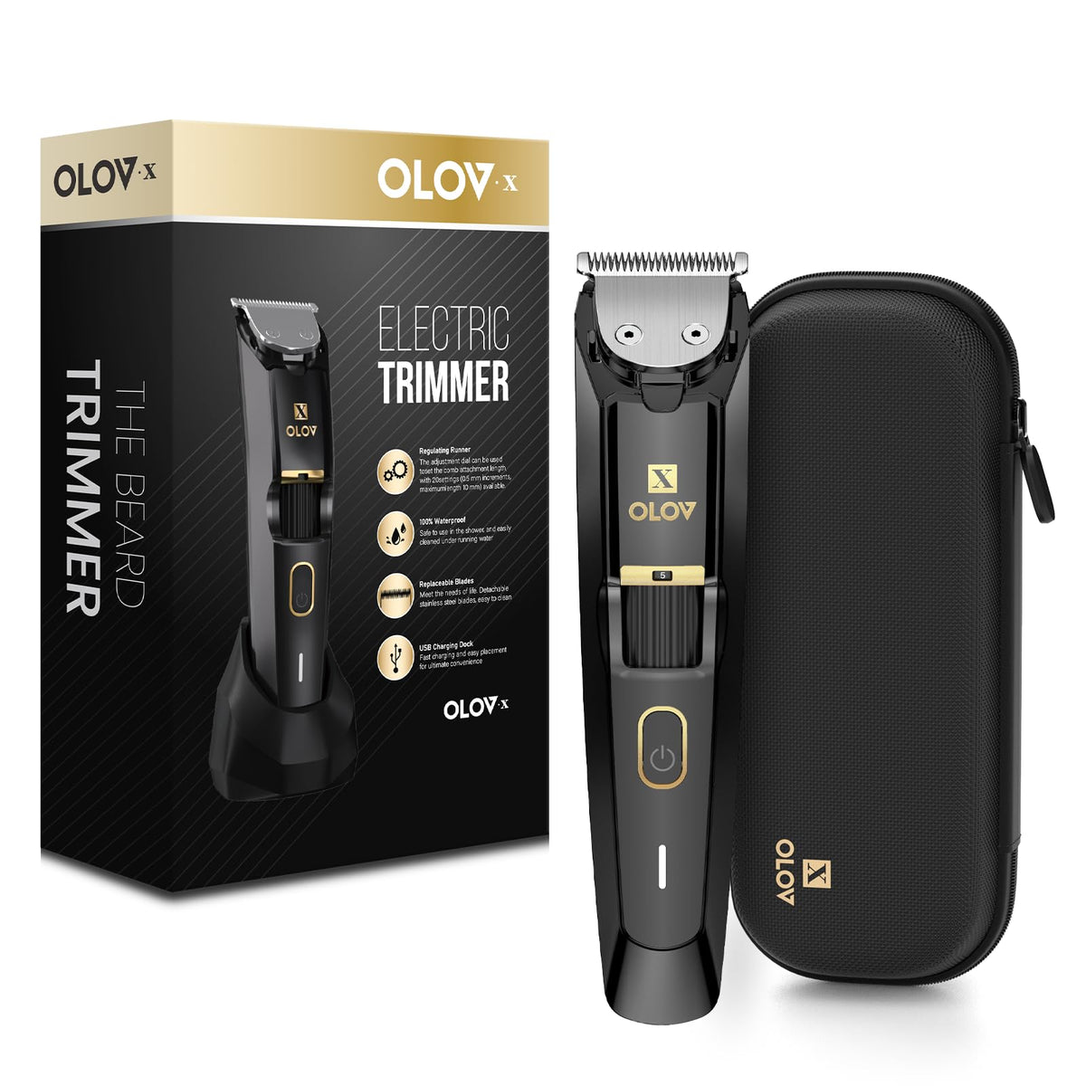 OLOV X men's beard trimmer close-up shows precision dial for exact length control.