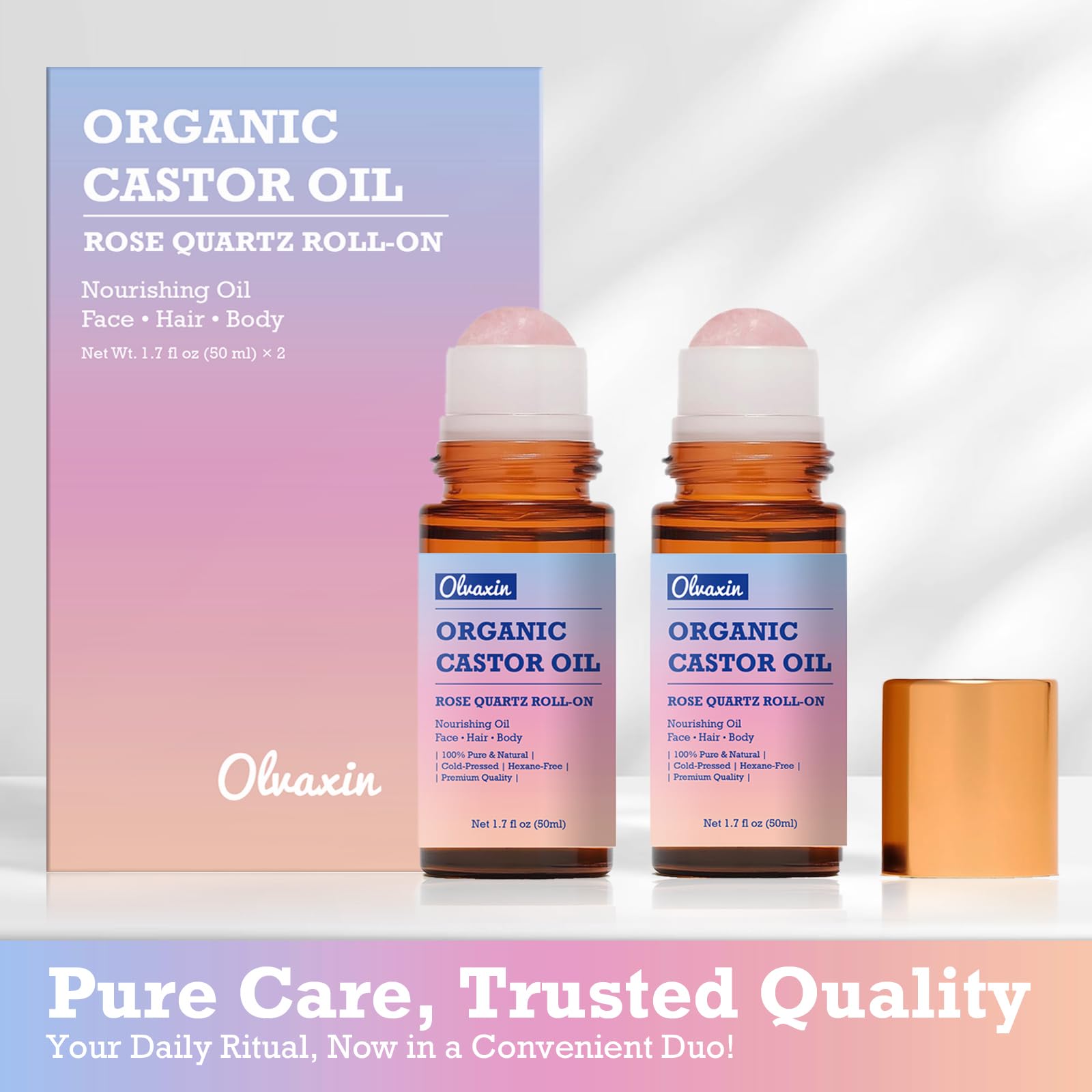 Olvaxin castor oil roll-on bottle closeup showing oil texture for skin
