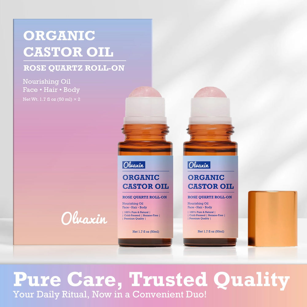 Olvaxin castor oil roll-on bottle closeup showing oil texture for skin