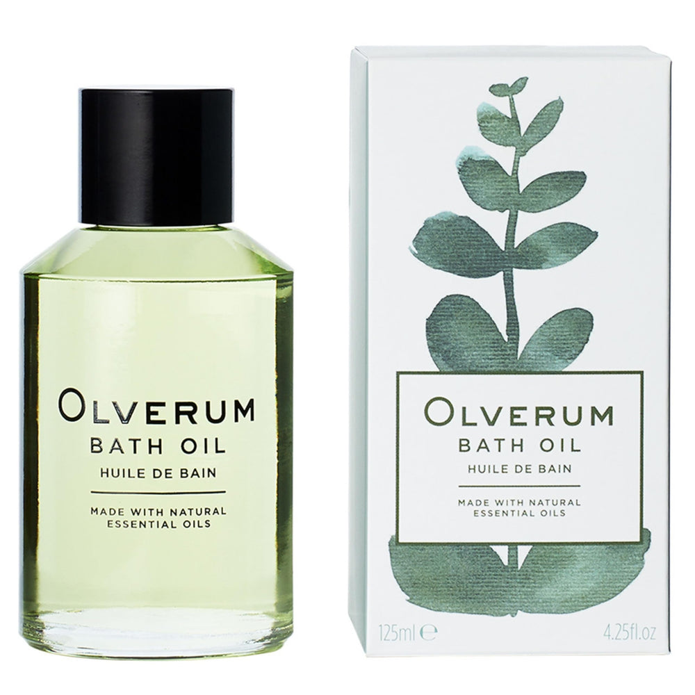 OLVERUM bath oil bottle closeup for calming aromatherapy before bed