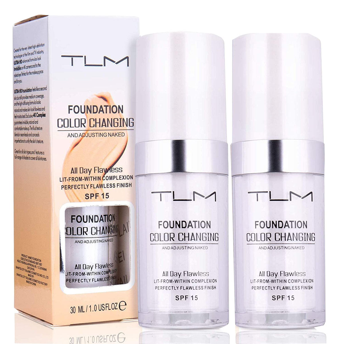 Omaky TLM colour-changing foundation bottle close-up demonstrates natural tone matching.