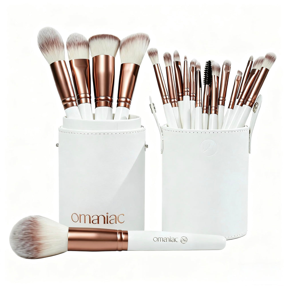 OMANIAC makeup brush set 20pcs case showing full collection for versatile makeup application