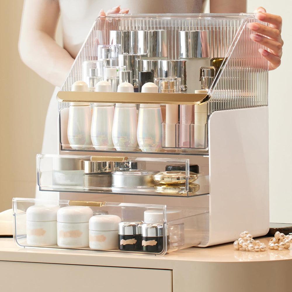Omeily cosmetic storage box clear cover highlights products with easy access