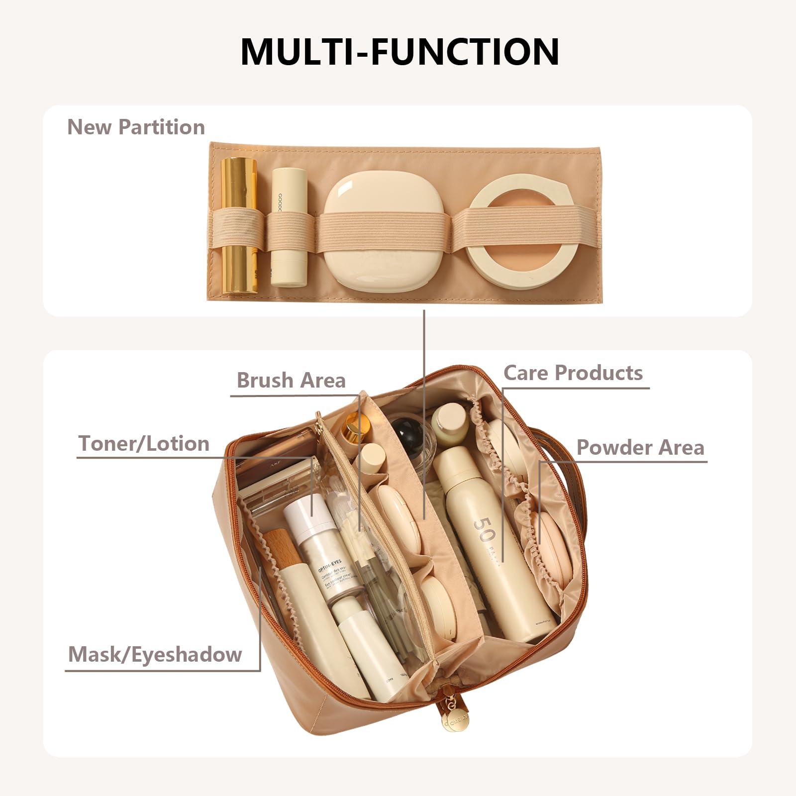 Omeily bag interior with compartments for easy access to beauty essentials