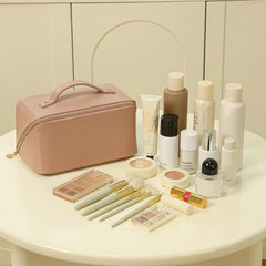 Omeily travel makeup bag compartments highlighting five sections for organized cosmetics on the go.