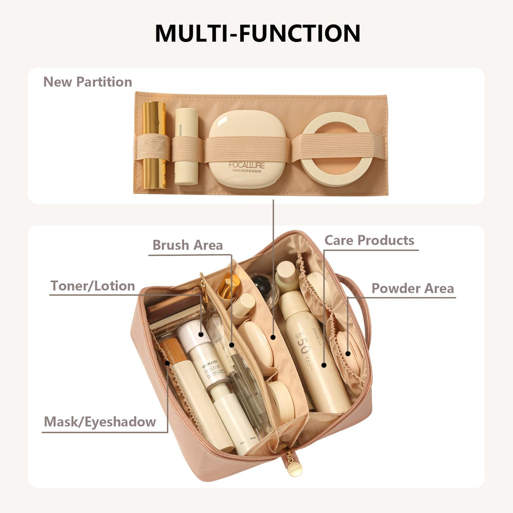 Omeily travel makeup bag with upgraded double zipper pull for secure, smooth access.