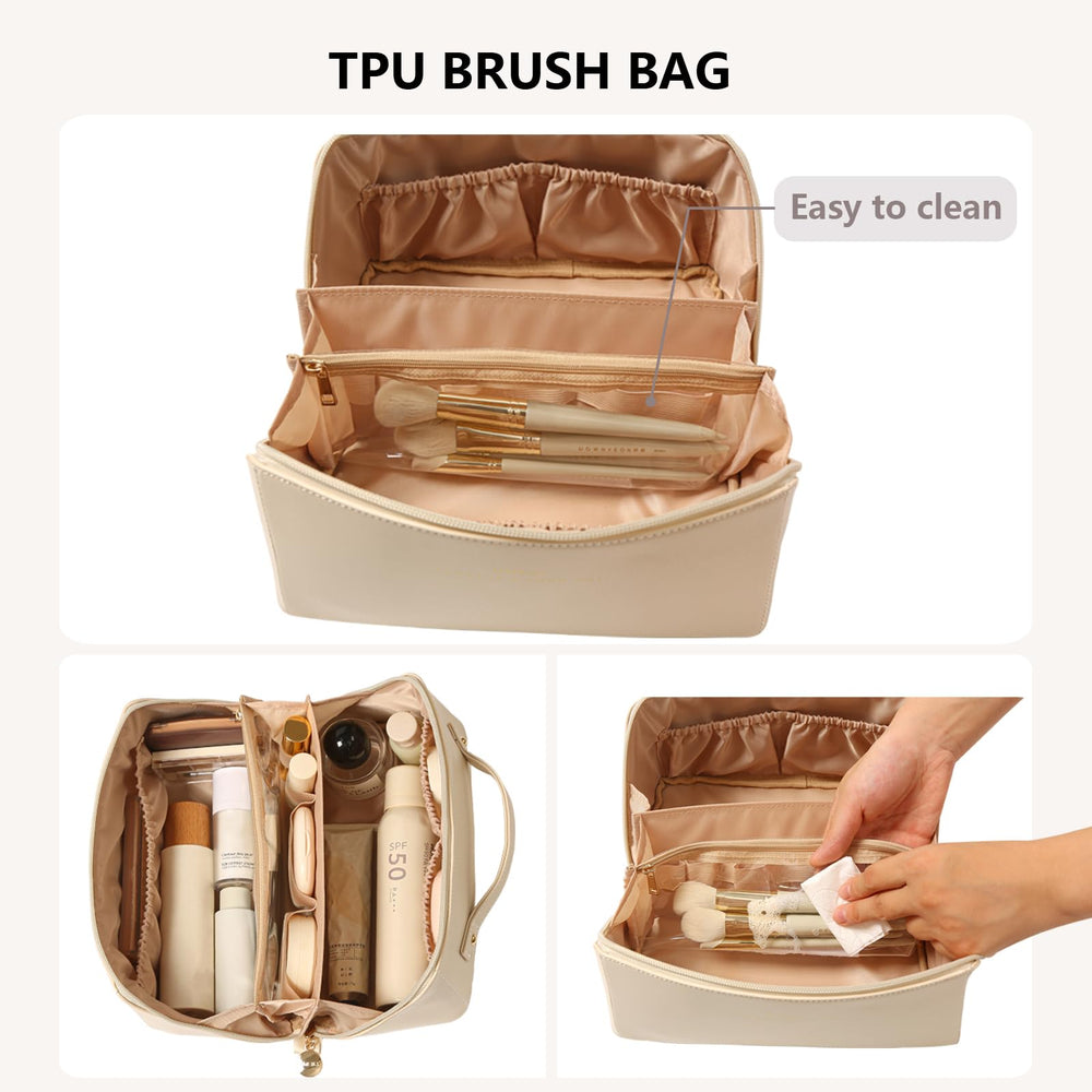 Omeily travel makeup bag featuring double handles for comfortable carry during trips.