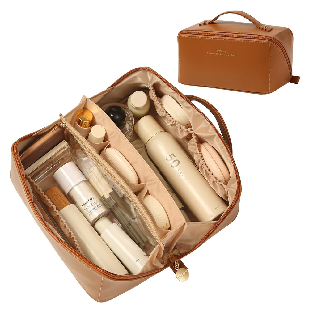 Omeily travel makeup bag opened showing spacious interior for full-size cosmetics