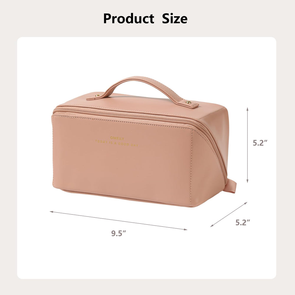 Omeily travel makeup bag shows premium PU material and water resistance for durable travel protection.