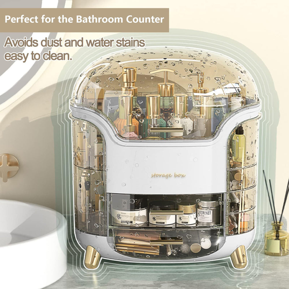 Omeily Upgrade large makeup organizer shown in bathroom for easy access.