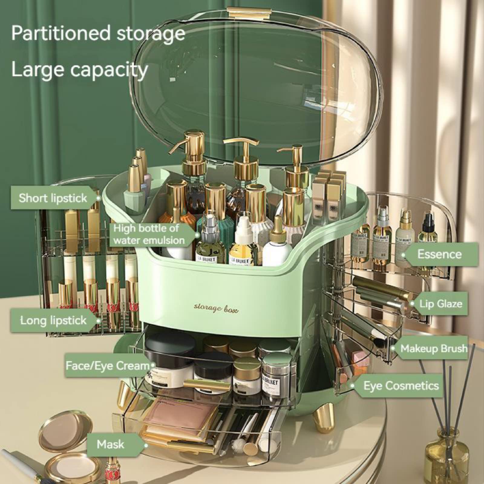 Omeily Upgrade large makeup organizer shown in bedroom for tidy vanity setup.
