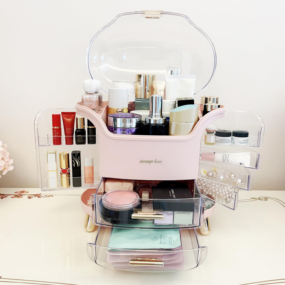 Omeily Upgrade Large Makeup Organizer cover closeup emphasizes transparent acrylic design.