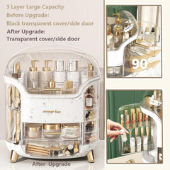 Omeily Upgrade makeup organizer with dustproof cover protects cosmetics while organized.