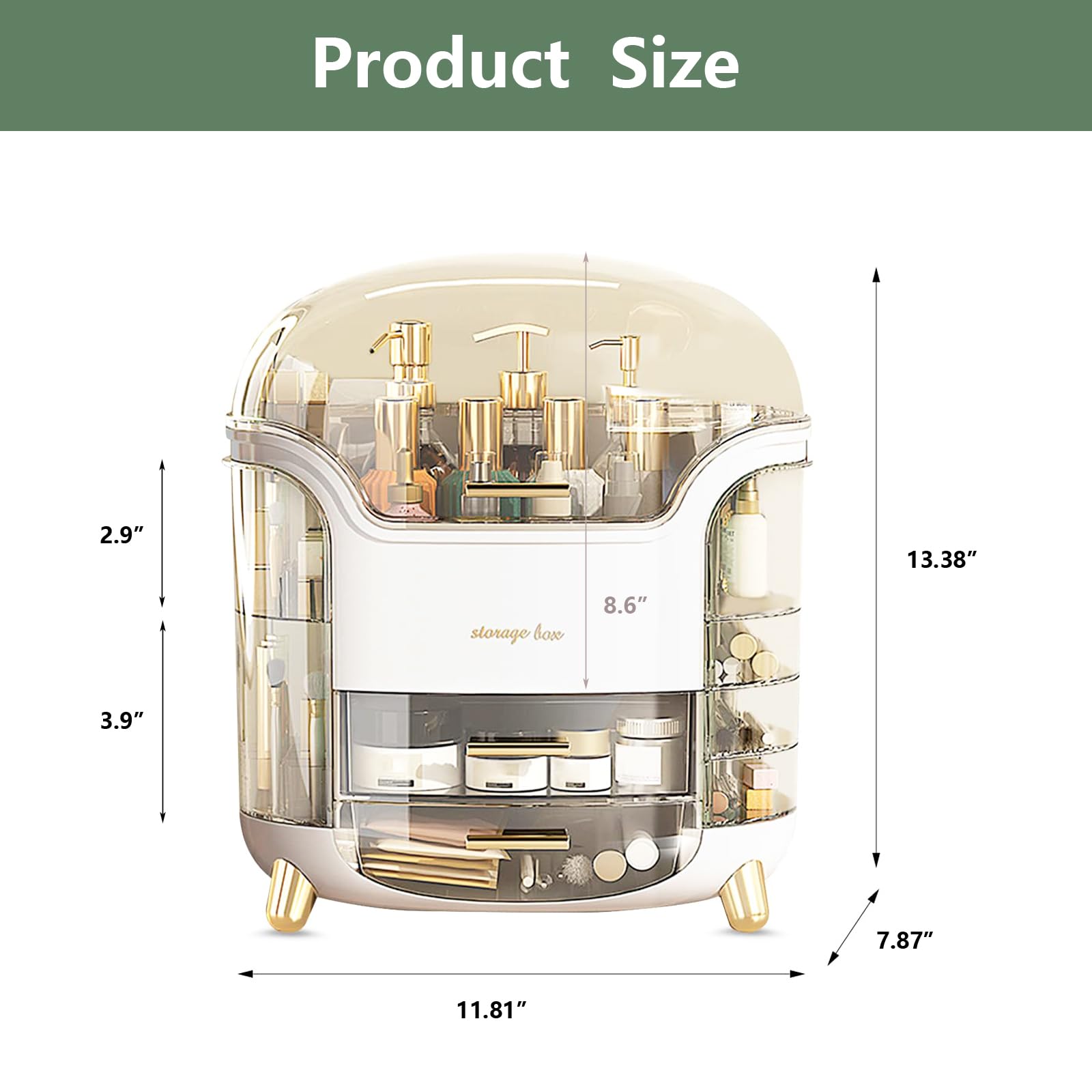 Omeily Upgrade large makeup organizer side view demonstrates sturdy build and portability.