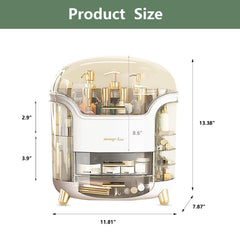 Omeily Upgrade large makeup organizer side view demonstrates sturdy build and portability.