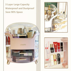 Omeily Upgrade Large Makeup Organizer with contents keeps skincare, lipsticks, and jewelry neatly stored.