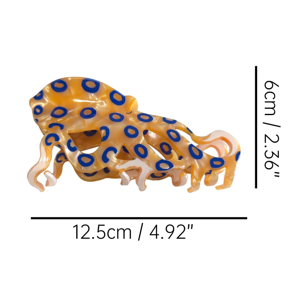 OMG Decor blue-ringed octopus hair clip side view highlighting secure claw design.