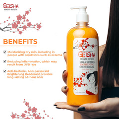 OMIC Geisha body wash application hands demonstrates daily massage for full-body cleanse and moisture.