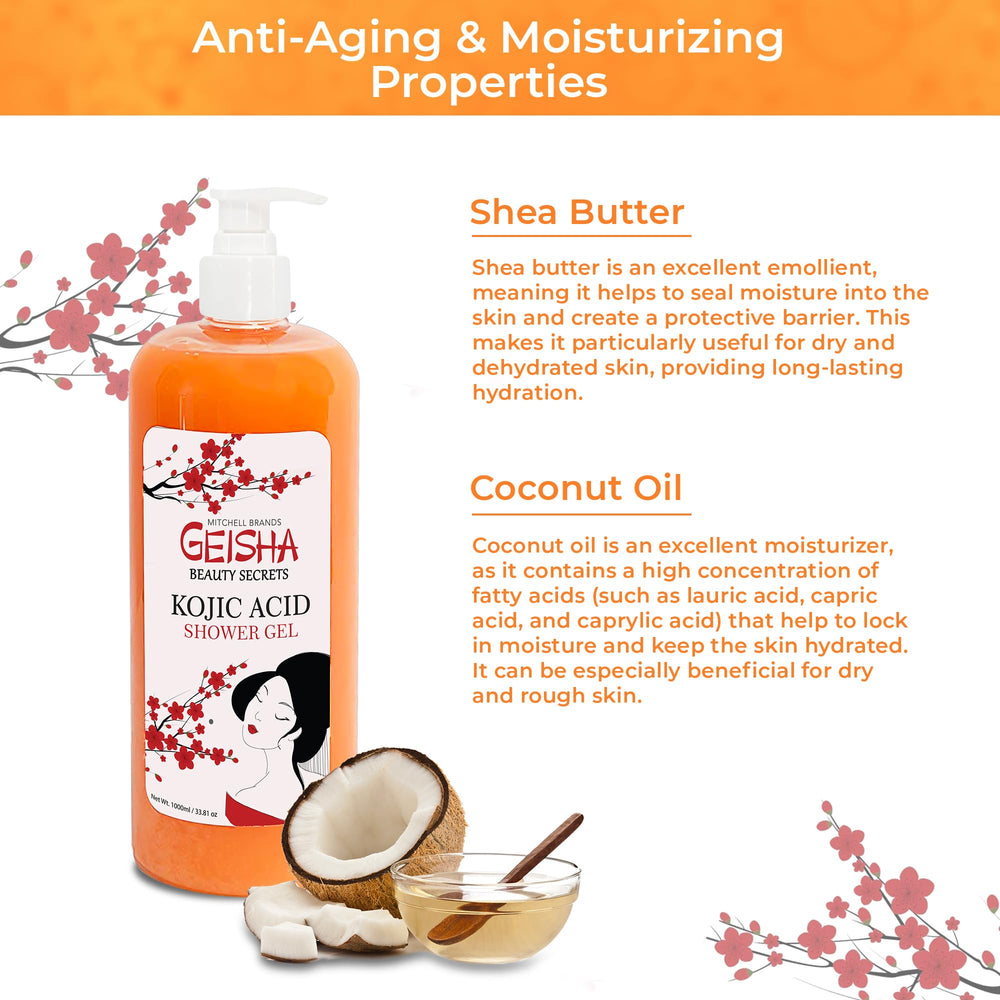 OMIC Geisha kojic acid ingredients closeup highlights brightening formula aimed at evening skin tone.