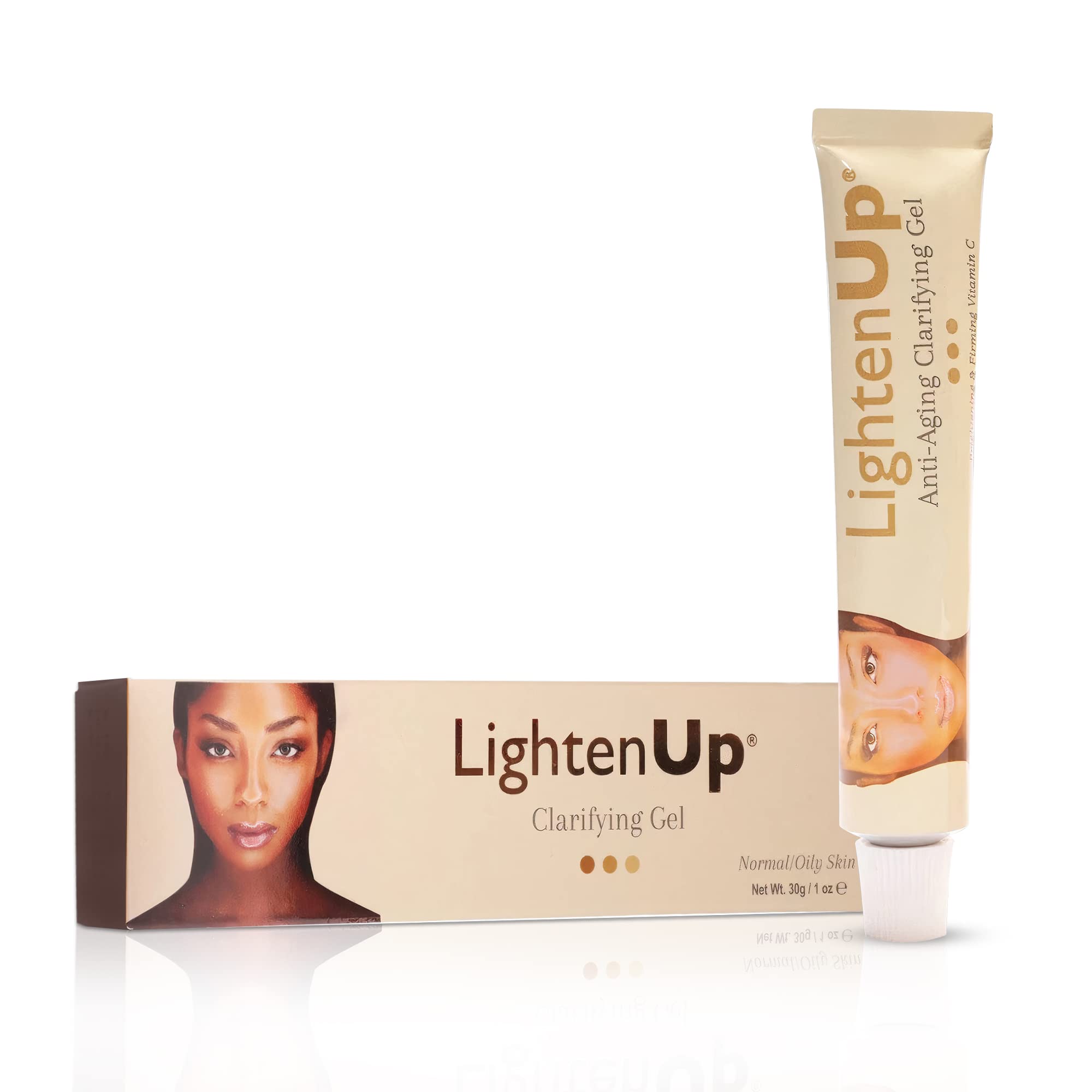 OMIC Lighten-Up anti-aging gel bottle shows premium packaging for daily skin brightening