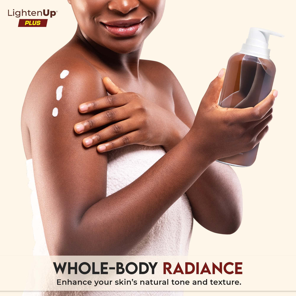 OMIC Lighten-Up lotion being applied to elbows for smoother, brighter skin.
