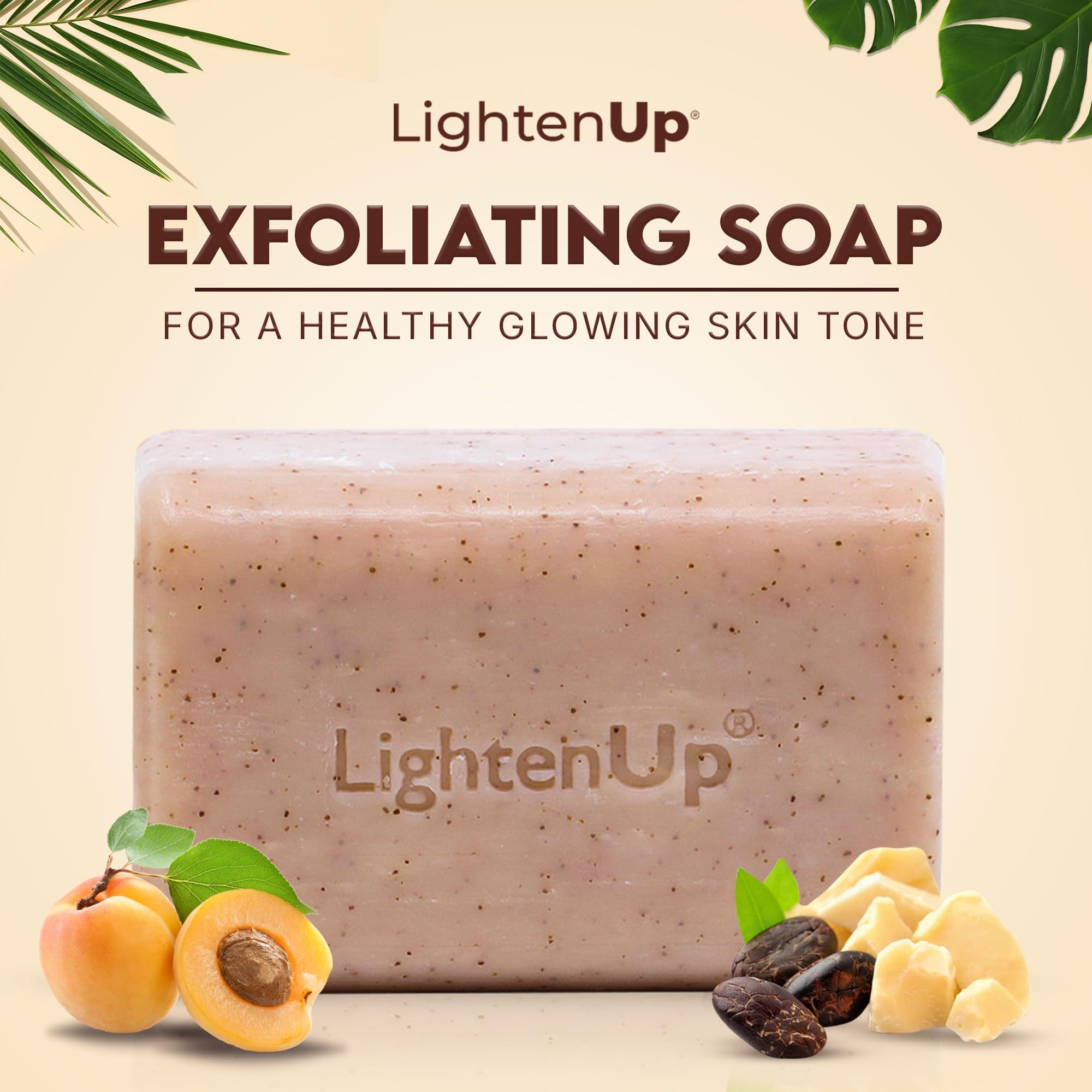 OMIC Lighten-Up exfoliating soap close-up highlighting apricot brighten property for even tone.