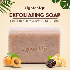OMIC Lighten-Up exfoliating soap close-up highlighting apricot brighten property for even tone.