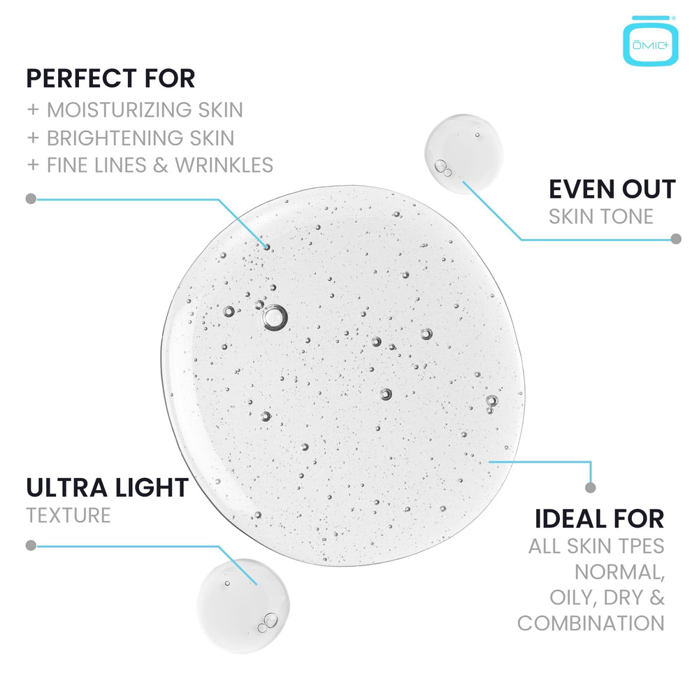 OMIC natural formula brightening serum label emphasizes gentle, skin-friendly ingredients for all skin types