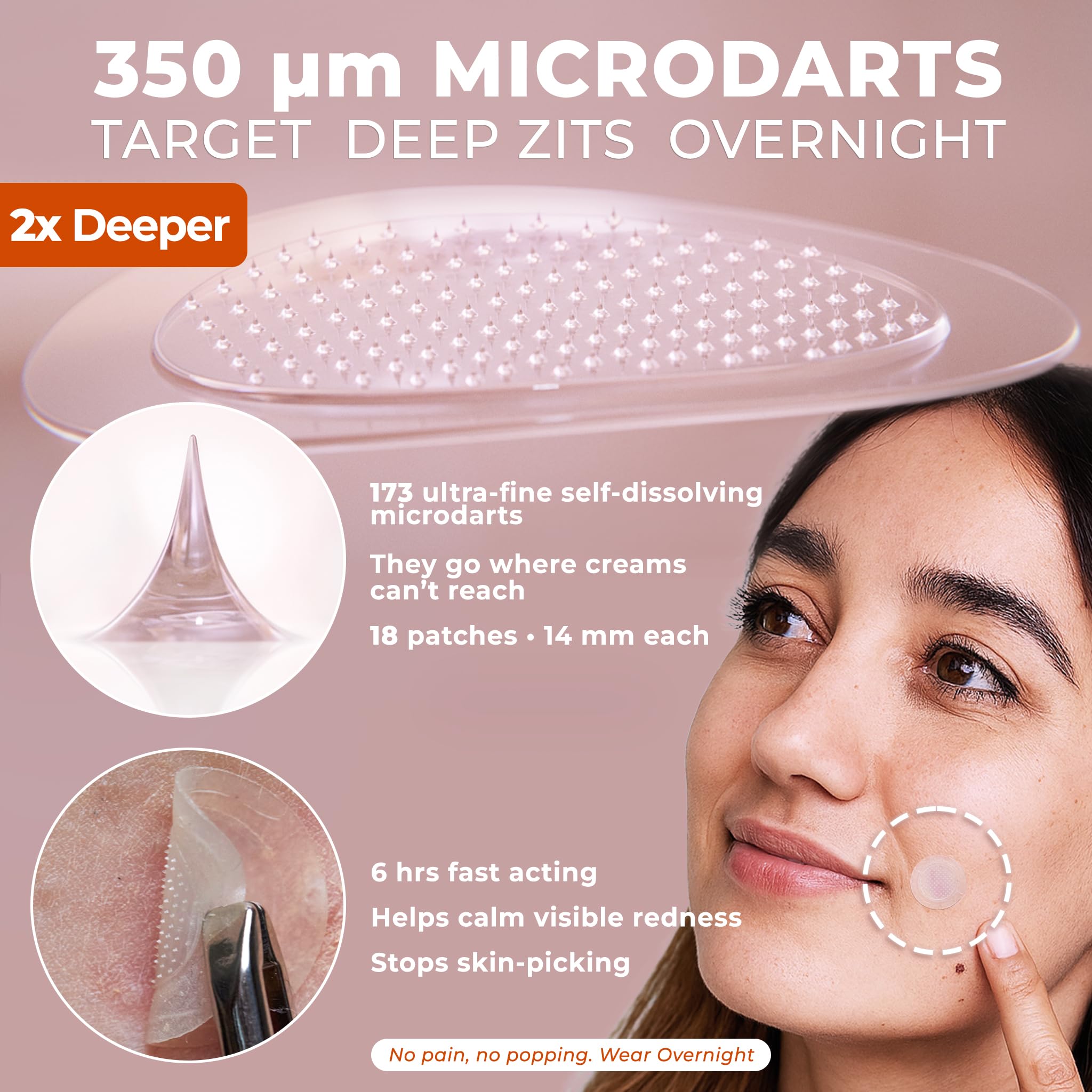 OMMA Microdart patch closeup highlights microdarts for deep delivery and faster relief.