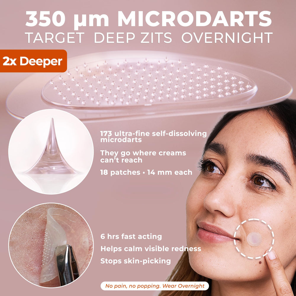 OMMA Microdart patch closeup highlights microdarts for deep delivery and faster relief.