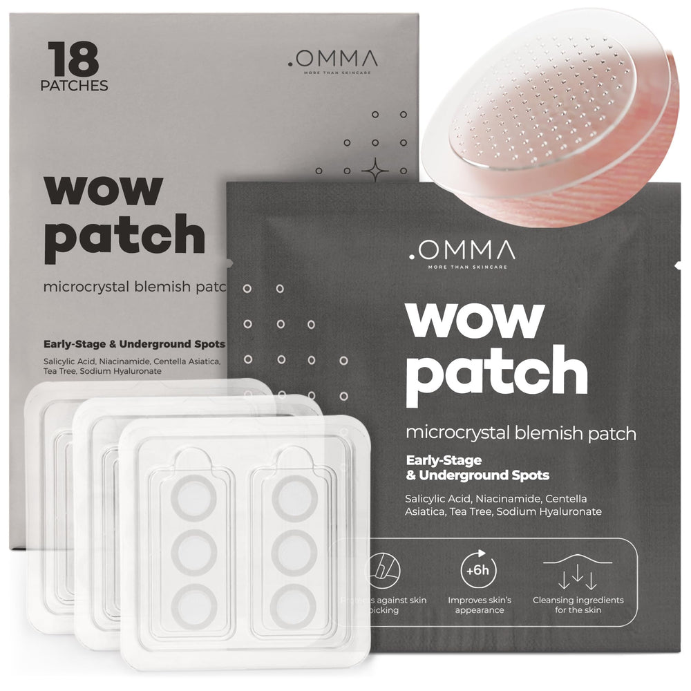 OMMA Korean Microdart acne patch pack front shows 18 patches for overnight care.