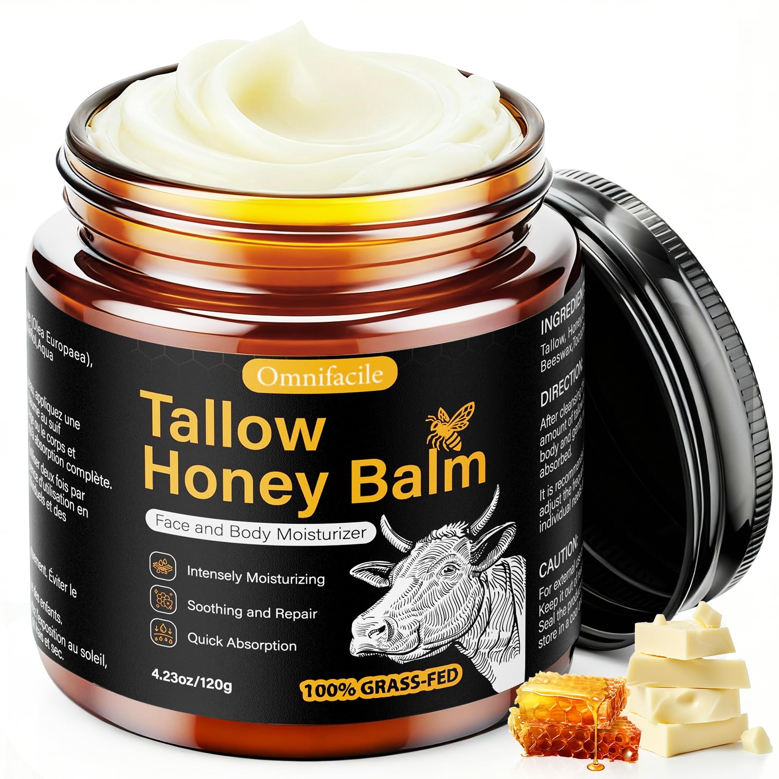 Omnifacile beef tallow honey balm jar closeup shows rich hydration for dry skin.