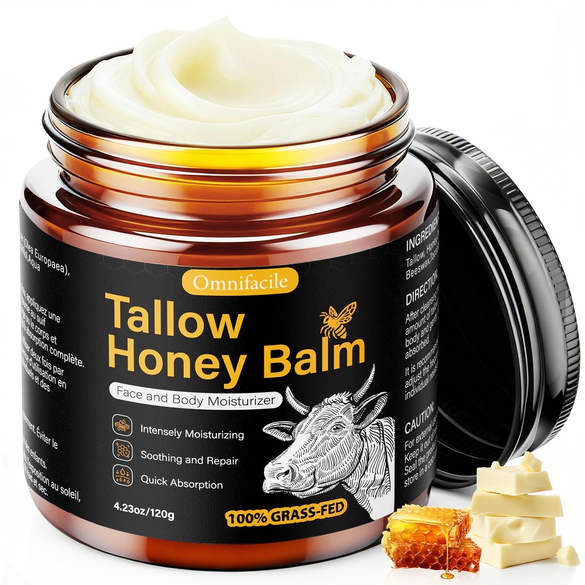 Omnifacile beef tallow honey balm jar closeup shows rich hydration for dry skin.