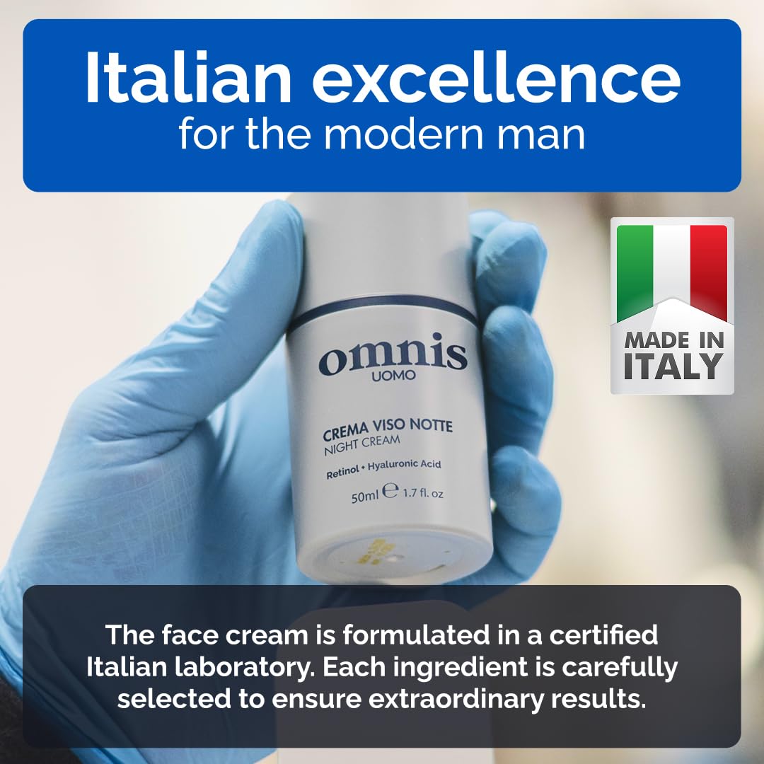 Omnis Uomo packaging box on sink signals premium skincare quality.