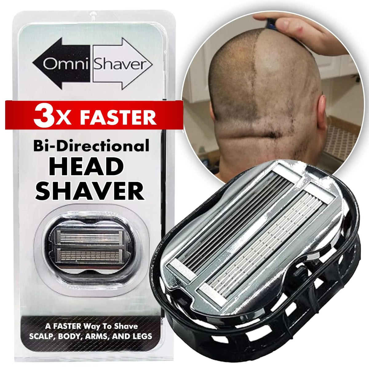 OmniShaver Premium bi-directional head shave shows rapid scalp grooming for busy mornings.
