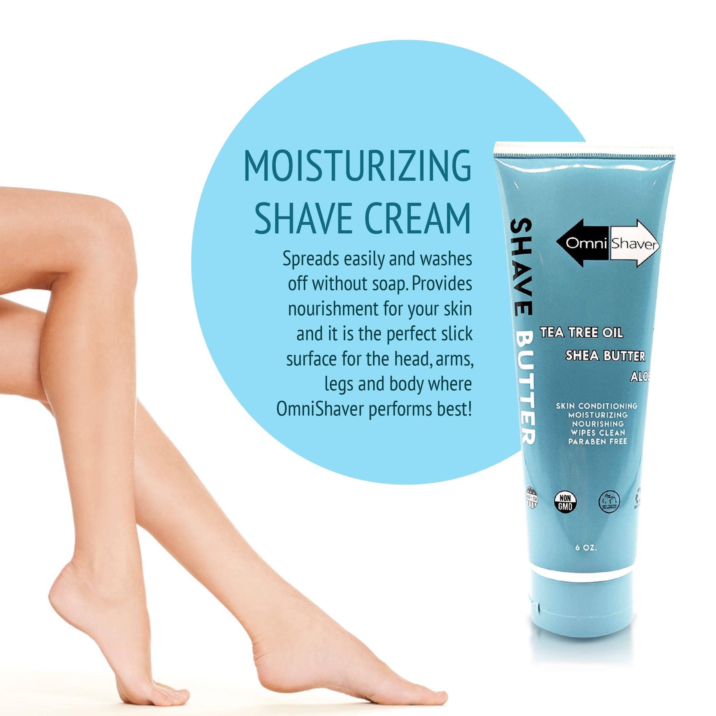 OmniShaver Shave Butter being spread shows easy glide for legs and underarms
