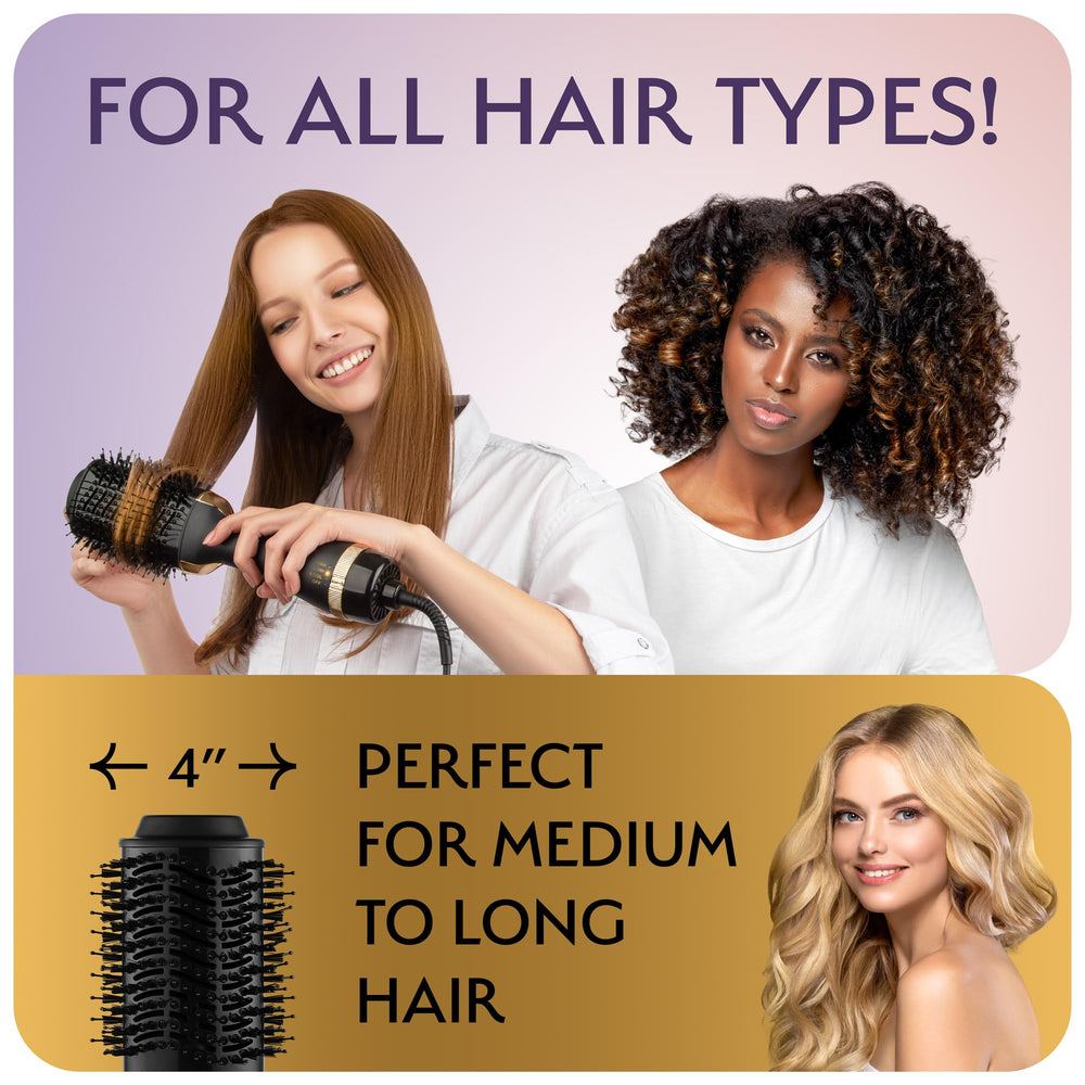 OMOteam black-gold dryer brush showcases 360° airflow for even drying