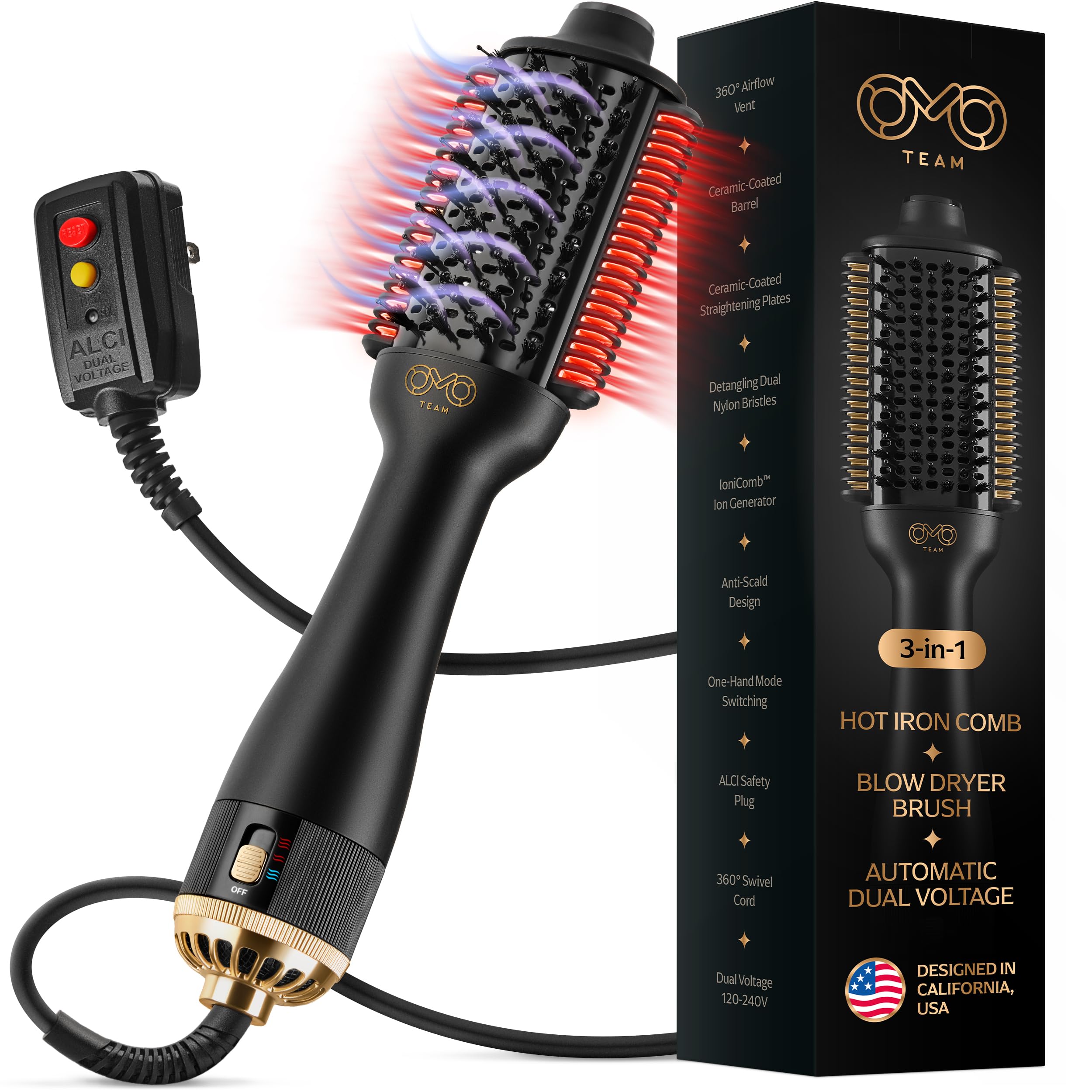 OMOteam Blowout Brush Dryer in use for quick salon-style drying.
