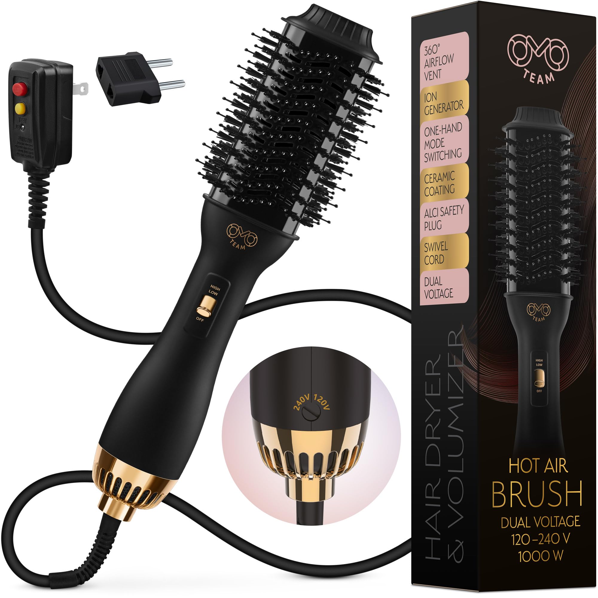 OMOteam dual-voltage-hair-dryer-brush front view for travel-ready styling