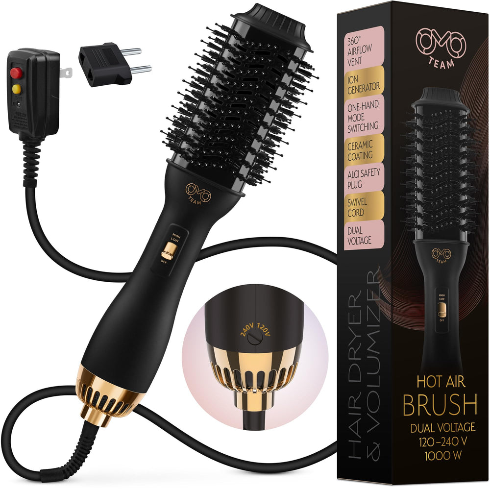 OMOteam dual-voltage-hair-dryer-brush front view for travel-ready styling