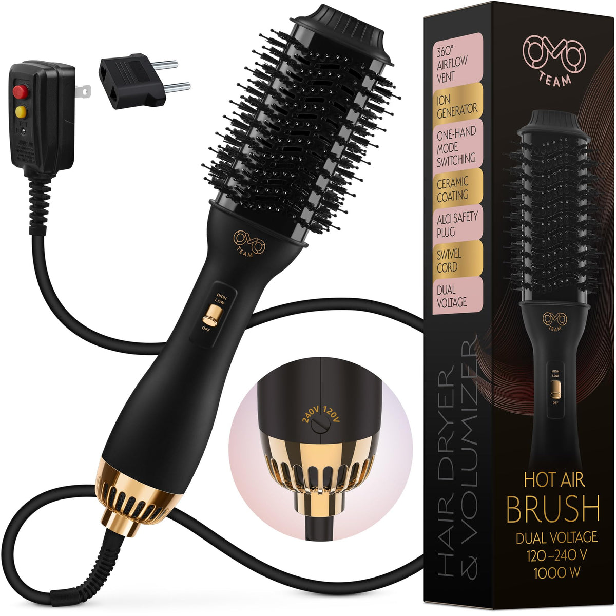 OMOteam dual-voltage-hair-dryer-brush front view for travel-ready styling