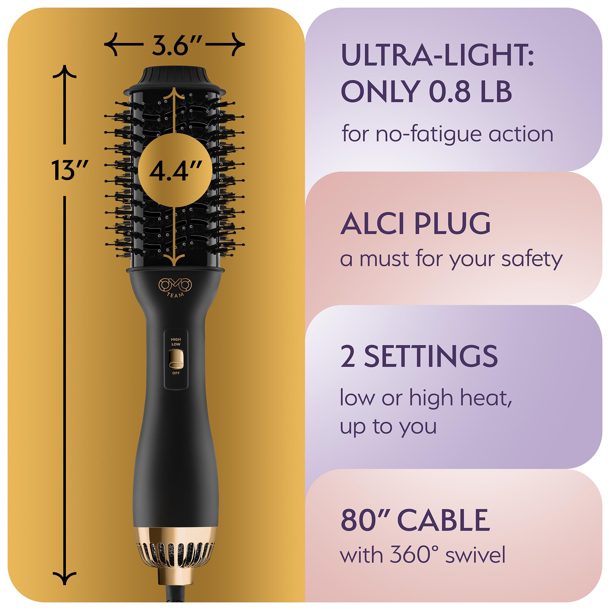 OMOteam dual-voltage-hair-dryer-brush nylon-pins-detangle for tangle-free styling
