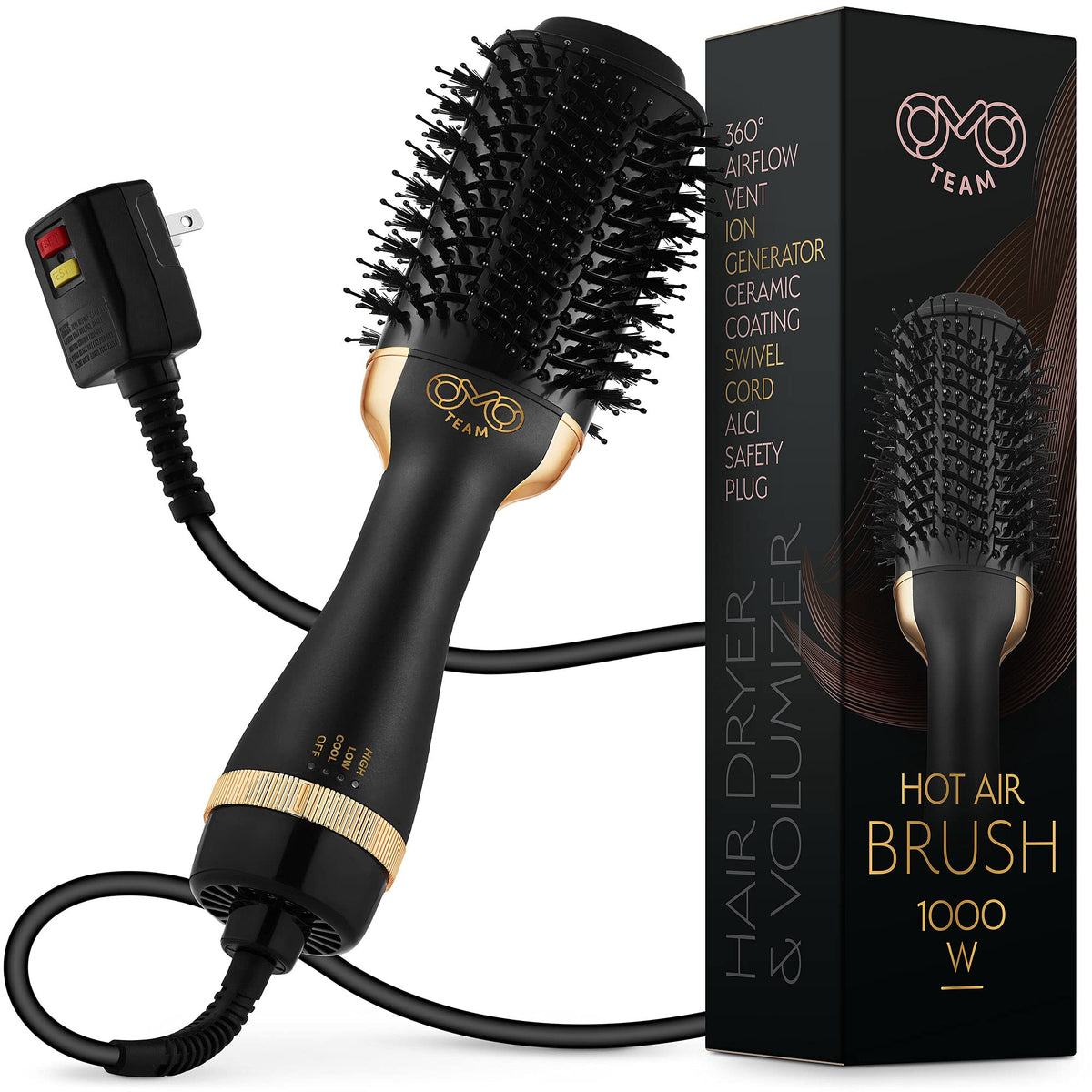 OMOteam Professional blowout brush front view demonstrates quick styling with a sleek black-gold finish