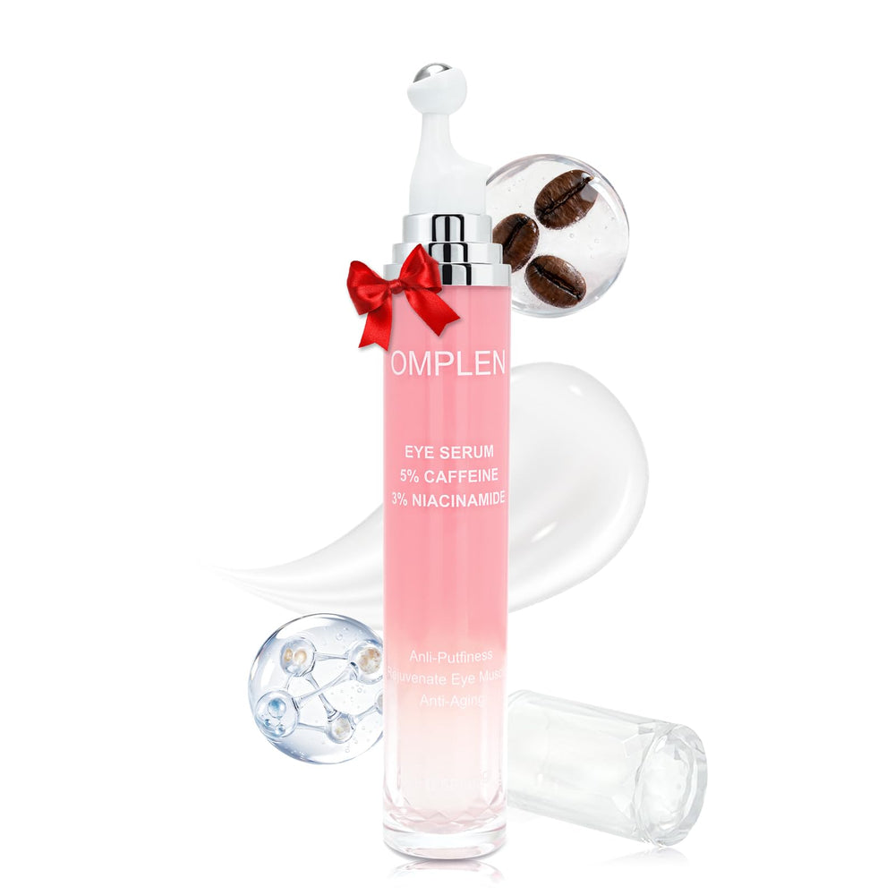 Omplen 5% caffeine eye serum rollerball close-up showing puffiness reduction.