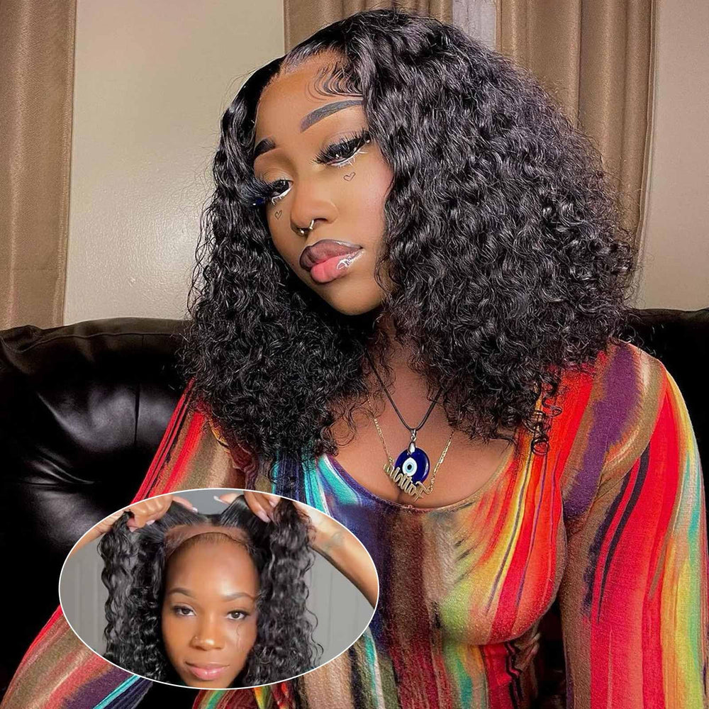 Omswet Curly Bob Wig deep wave closure shows secure parting for a natural look.