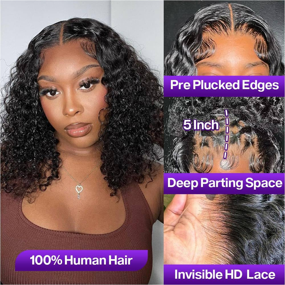 Omswet Curly Bob Wig 5x5 HD lace closure reveals invisible knots for seamless scalp.