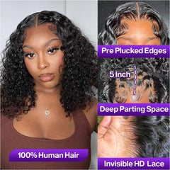Omswet Curly Bob Wig 5x5 HD lace closure reveals invisible knots for seamless scalp.