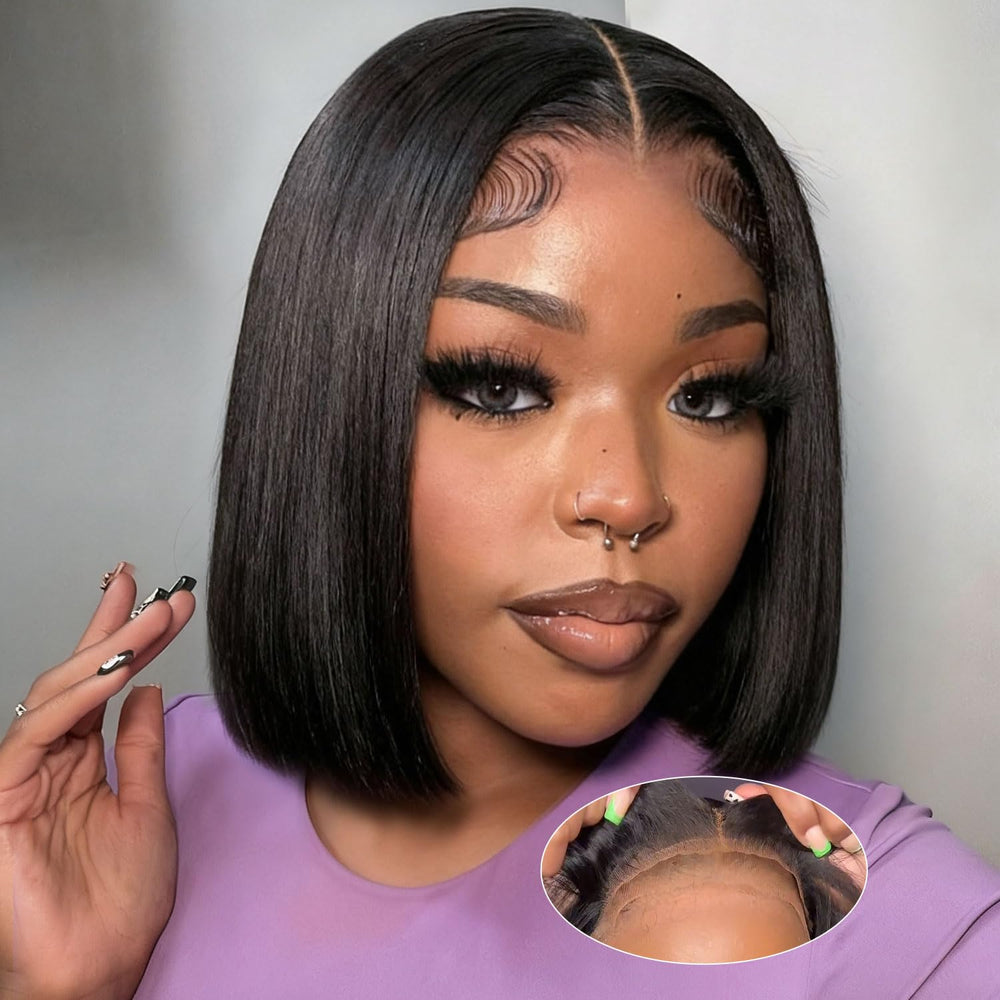 Omswet Wear and Go Bob Wig close-up shows natural 5x5 lace closure for seamless hairline.